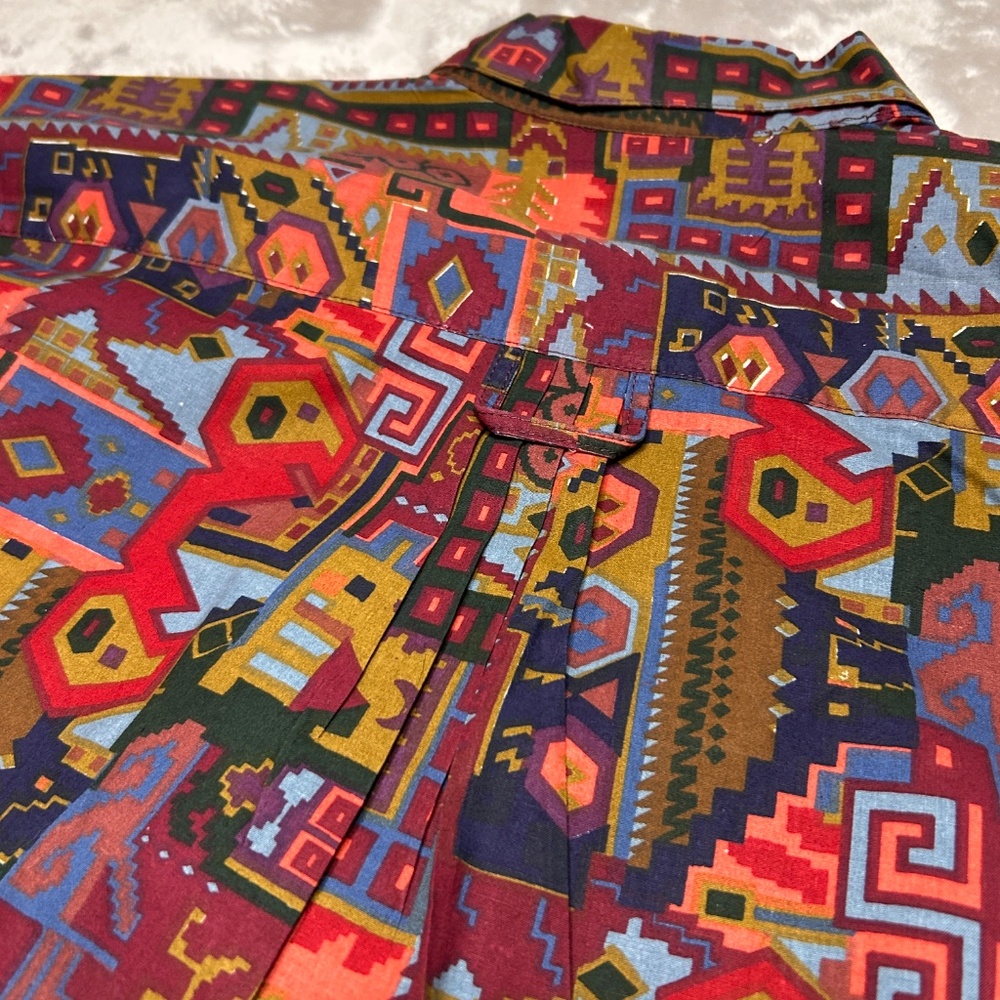 Vtg At Last Basics Button Up Shirt Womens M‎ Aztec Abstract Shoulder Pads 90s - Picture 4 of 8